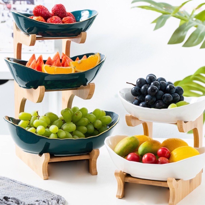 Khay sứ đựng bánh kẹo, hoa quả 2 tầng, 3 tầng đế gỗ