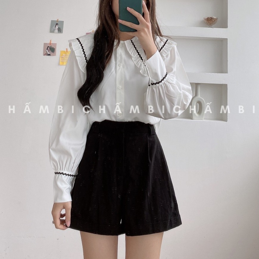 Áo Sơ Mi Thô Cổ Bèo Viền Đen Lượn Sóng Freesize - A.164