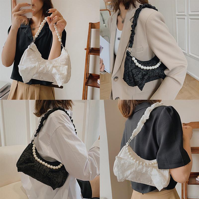 Túi Xách Nữ Túi Đeo Vai Kẹp Nách Màu Trơn Đính Nơ Ngọc Trai Thời Trang Mùa Hè Phong Cách Hàn Quốc