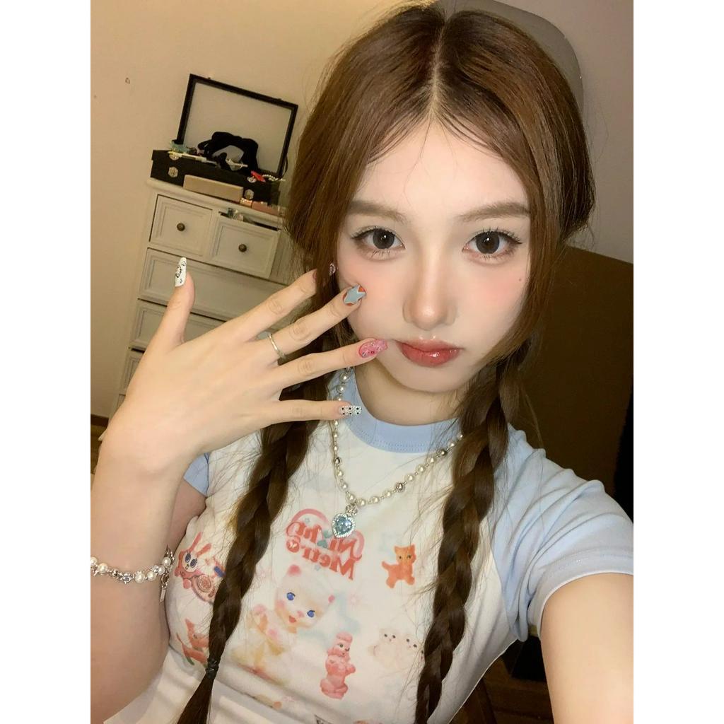 Ethelgirl Áo Thun Tay Ngắn In Hình Mèo Thời Trang Hàn Quốc Dành Cho Nữ