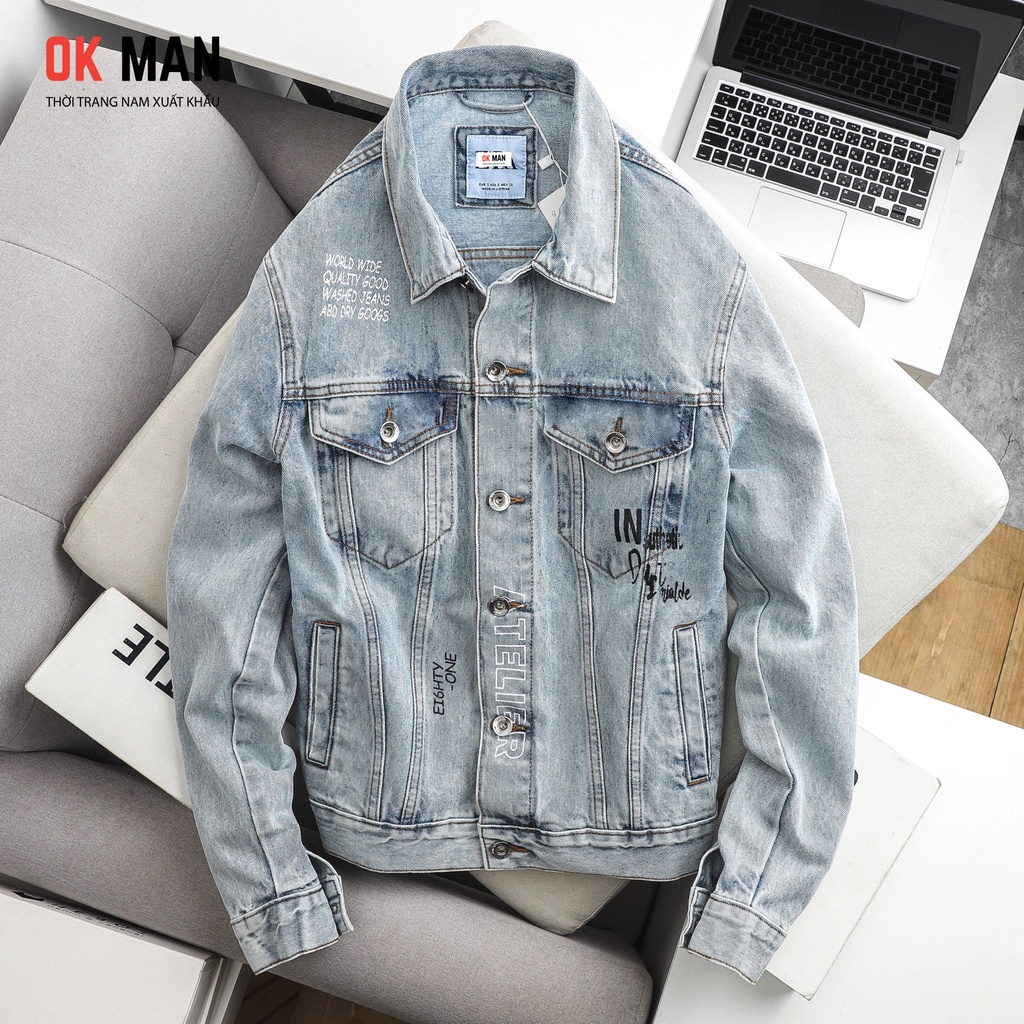Áo khoác jean nam in hình cao cấp, form slimfit, 2 màu, co giãn tốt, OkMan