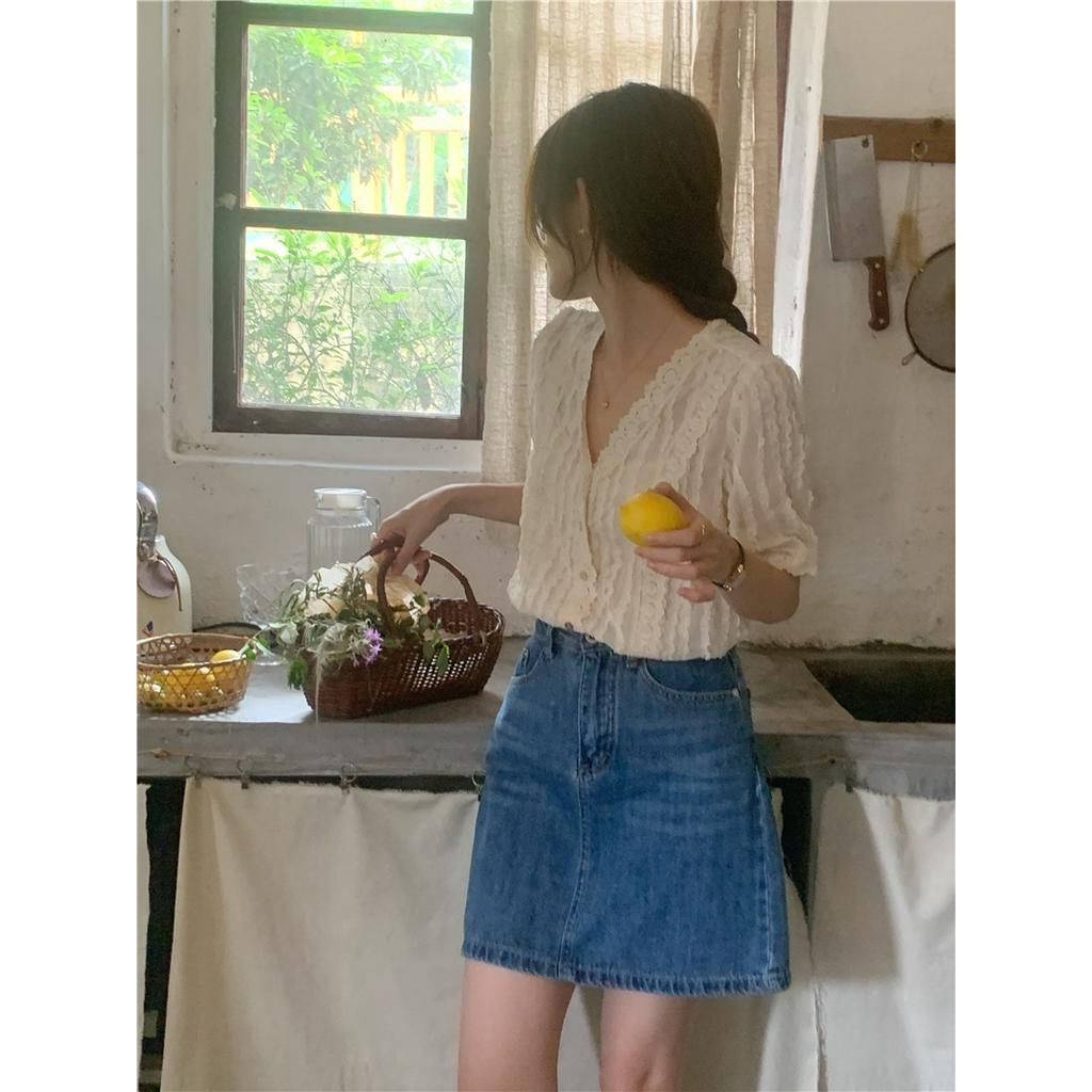 Áo Chiffon Tay Ngắn Phối Ren Trong Suốt Phong Cách Hàn Quốc 54869