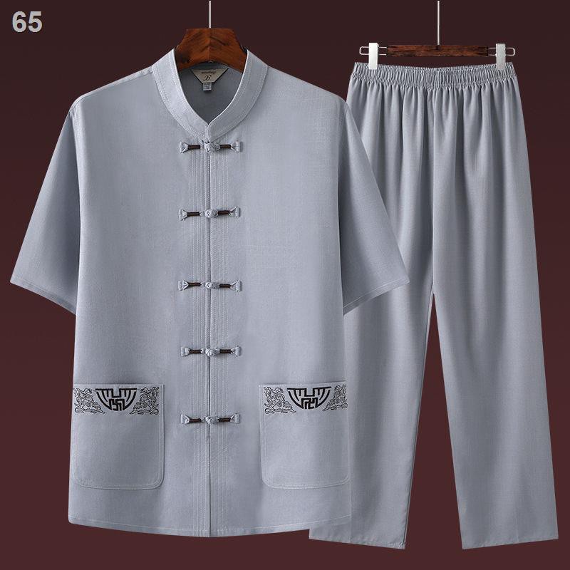Nam Tang suit trung niên và Người cao tuổi cotton lanh Bộ đồ ngắn tay Phong cách Quốc của bố giới Quần áo ông nội m - Hà