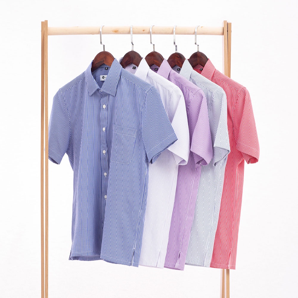 Áo Sơ Mi Nam Ngắn Tay Trung Niên ANCHI Hoạ Tiết Kẻ Đỏ Vải Sợi Tre Cao Cấp