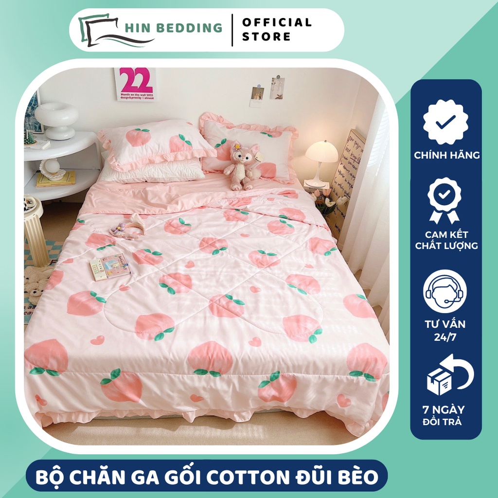 Bộ Chăn Ga Gối Cotton Đũi Bèo HIN BEDDING, Bộ Ga Gối Kèm Chăn Chần Hè Cotton Đũi Mềm Mịn Cao Cấp