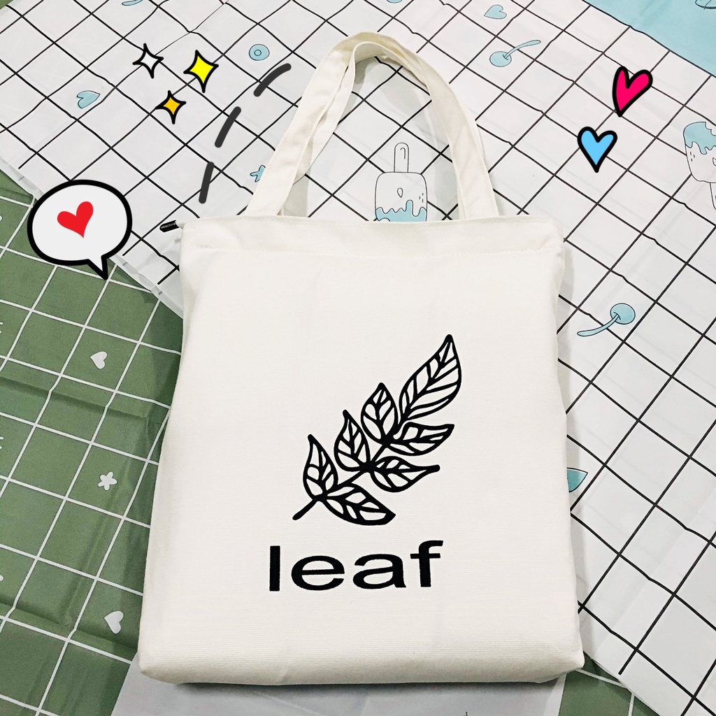 Túi tote vải canvas vải mềm có khóa kéo in hình lá Leaf