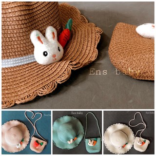 Sét mũ + túi cói thỏ trắng cà rốt cho bé yêu
