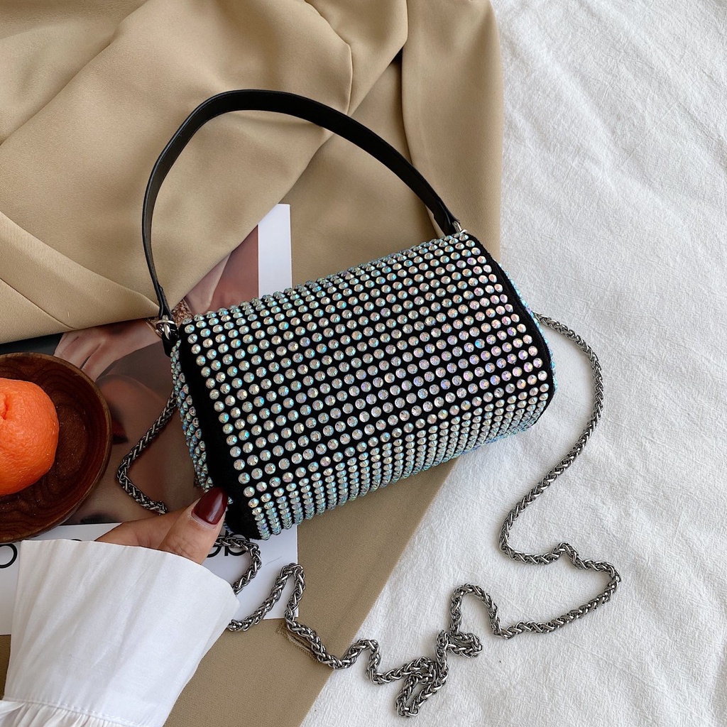 Túi đeo chéo dây xích, túi xách tay nữ mini dạng hộp vuông đính đá một ngăn kéo khóa