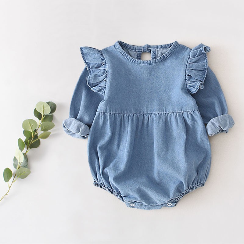 Bộ áo liền quần denim trơn màu cho bé gái