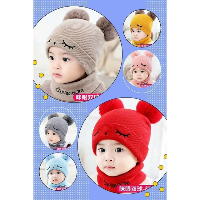 Mũ len hình đôi mắt tai quả bông dễ thương cho bé