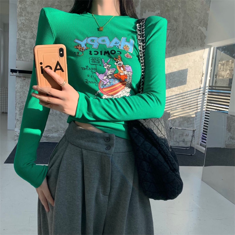 Jiashucheng Áo Thun Ngắn Mỏng Dáng Ôm In Họa Tiết Phong Cách Phương Tây Thời Trang Thu Đông Dễ Phối Đồ Dành Cho Bạn Nữ @ -