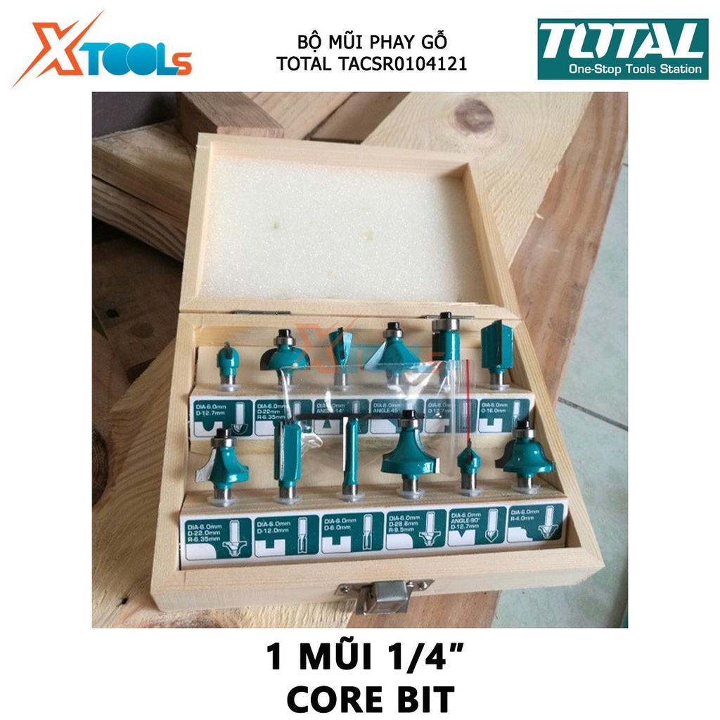 Bộ mũi phay gỗ TOTAL bộ 12 mũi phay soi gỗ Đường kính mũi từ 1/4&quot;(6.3mm)-1/2&quot; (12.7 mm), Gồm 3 mũi thẳng 6mm, 12mm, 16mm