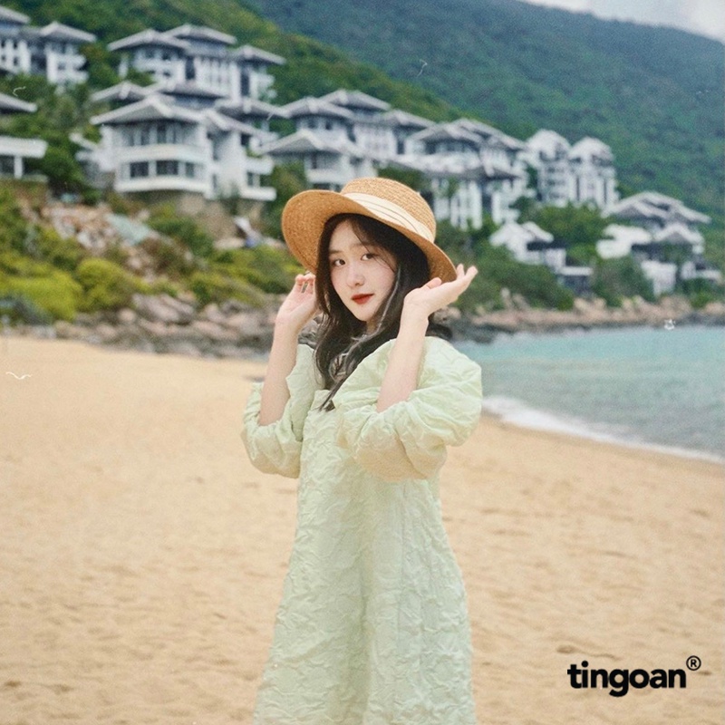 TINGOAN® -Váy hai dây tay bồng vân hoa 3 lớp dây ngang ngực bồng xòe đính nơ kim loại mint SLEEPING BEAUTY DRESS
