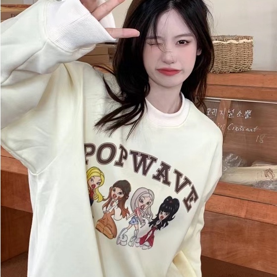 ZHELIHANGFEI Áo Sweater Dáng Rộng In Họa Tiết Xinh Xắn Theo Phong Cách Retro Mỹ