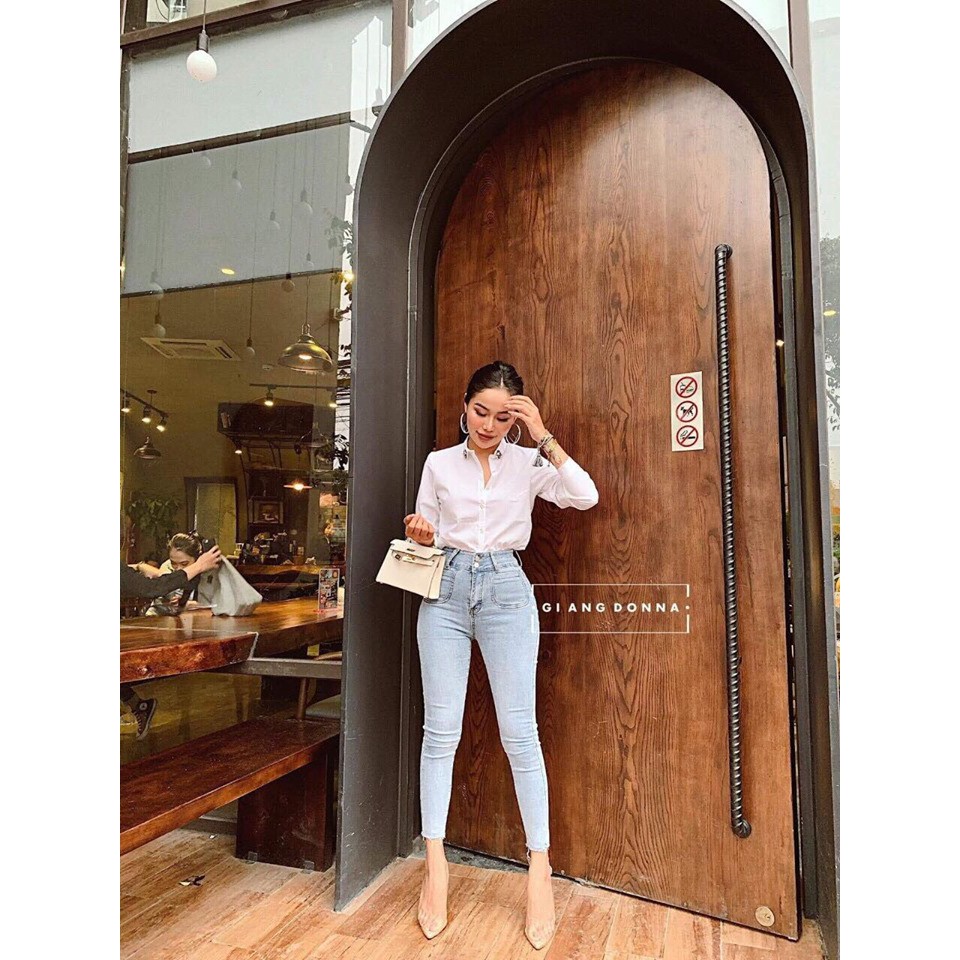 Quần jeans nữ lưng cao 2 nút phối túi trước thời trang