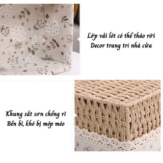 Giỏ Cói, Rổ Cói Vintage Có Vải Lót Hình Chữ Nhật - Phù Hợp Để Phòng Khách, Đựng Đồ Trang Trí Bàn Làm Việc
