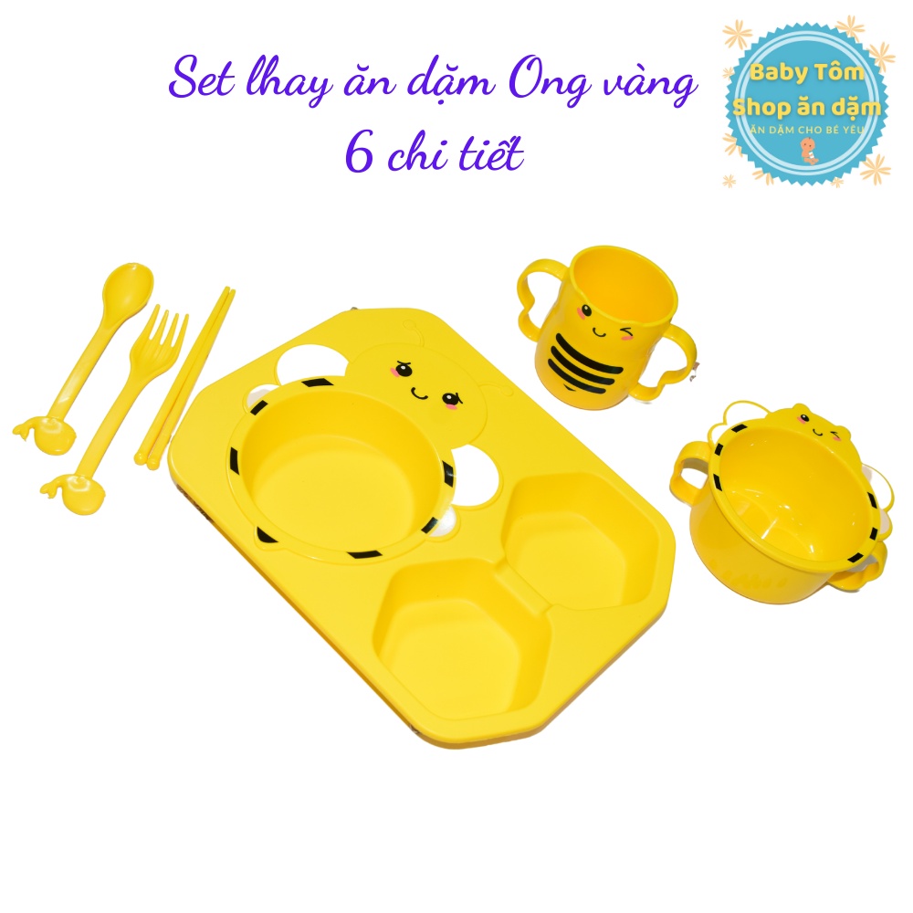 Set khay nhựa ăn dặm kèm bát,cốc,thìa dĩa, đũa hình chú ONG vàng,Bộ khay Ong vàng NPP Baby Tôm