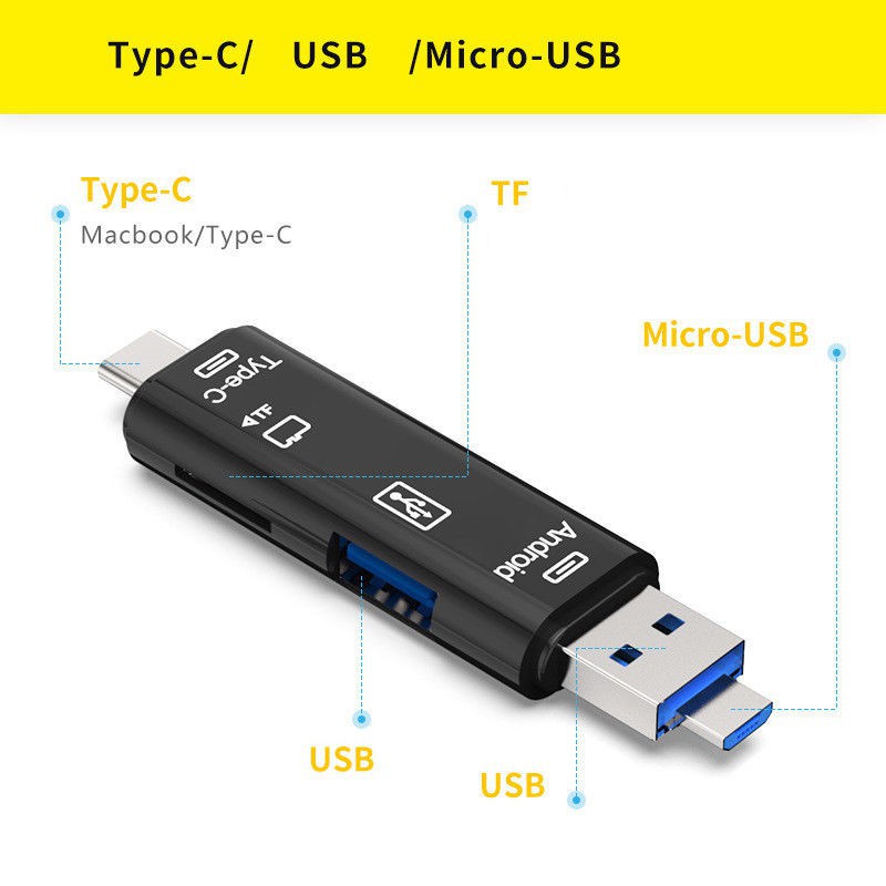 Đầu Đọc Thẻ Nhớ 5 Trong 1 Cổng Usb 2.0 / Usb 3.1 Tương Thích Với Laptop Android Ios