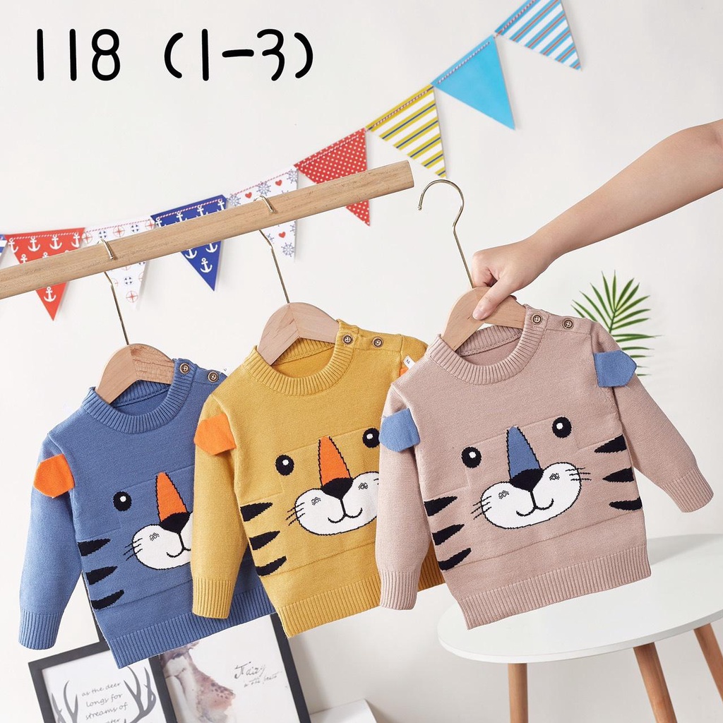 118 Áo len cài vai họa tiết hổ hàng quảng châu loại 1 cho bé trai (7-12kg)