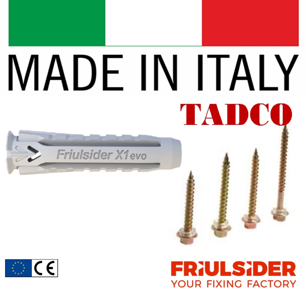 Bộ tắc kê nở nhựa X1 10x50mm Friulsider kèm VÍT gỗ đầu bulong mạ kẽm 6x60mm