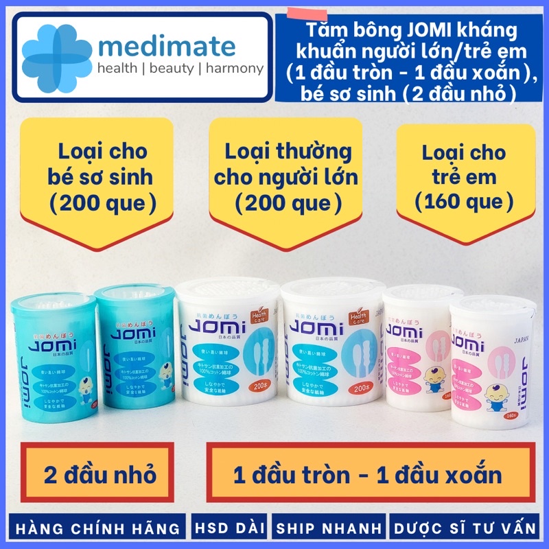 Tăm bông JOMI kháng khuẩn 1 đầu xoắn, 1 đầu thường