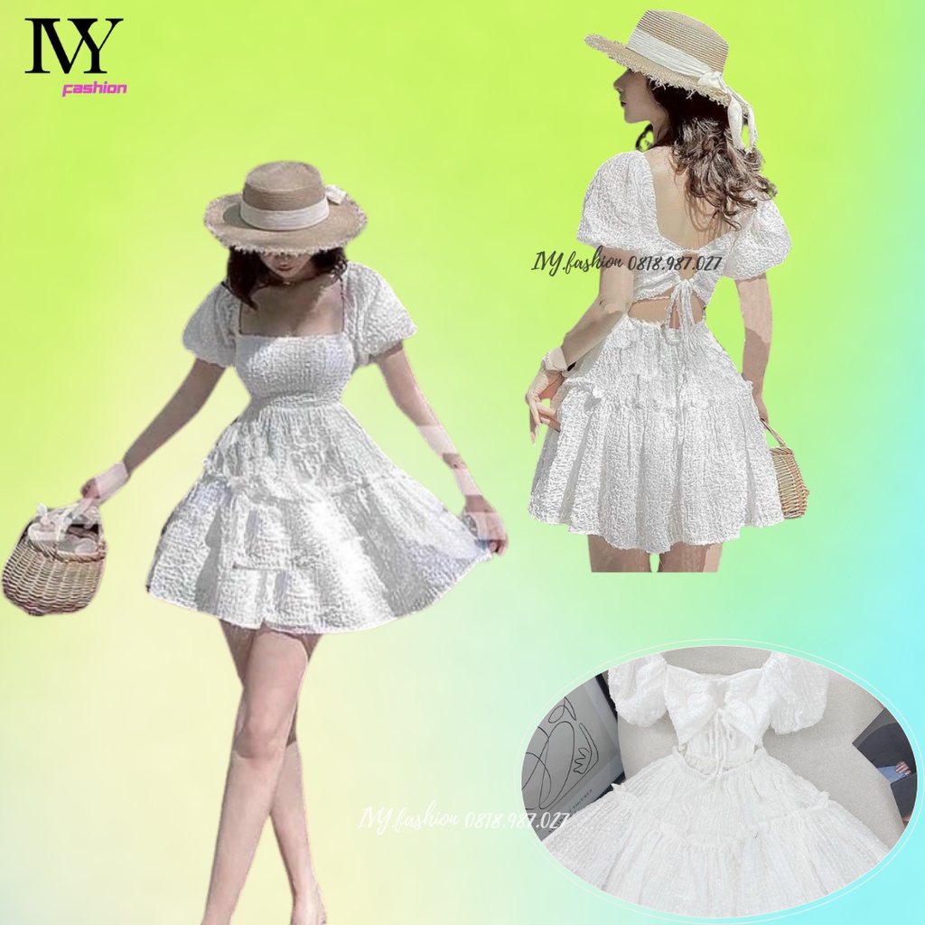 Đầm váy maxi hở lưng 🔥cotton sợi kim sa🔥 tay bồng quyến rũ trắng xoè tầng ngắn đi biển dự tiệc dạo phố bigsize