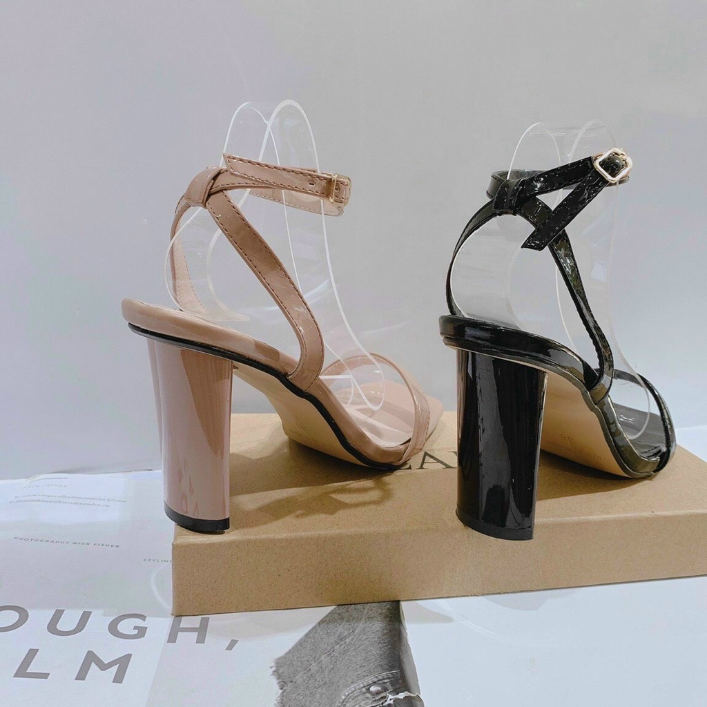 Sandal da bóng quai ngang gót mỏng cong - 7P