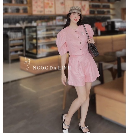 Set sơ mi tay bồng mix quần short đùi logo siêu hot TA366