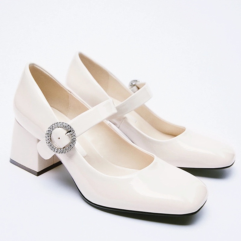 Giày mary jane gót trụ, quai cài đính đá, hàng xuất khẩu