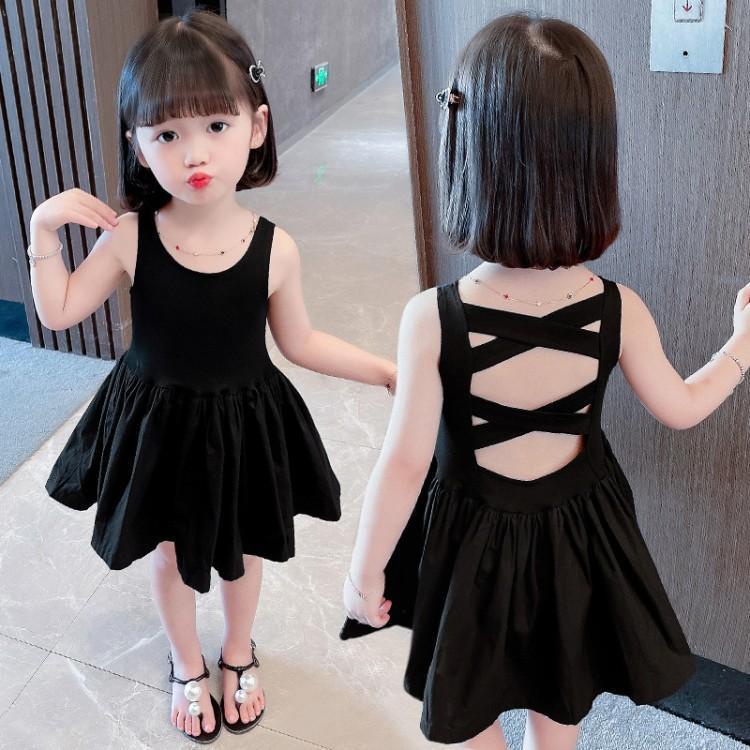 Đầm Hai Dây Mỏng Màu Đen Phong Cách Hàn Quốc Cổ Điển Thời Trang Mùa Hè Cho Bé Gái