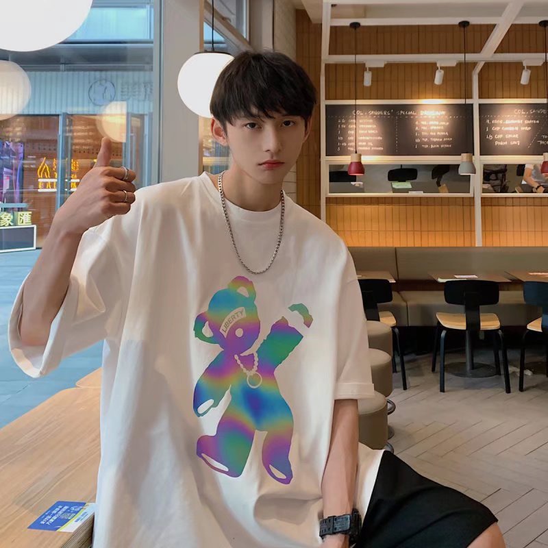 Áo Thun Mùa Hè Dáng Suông Tay Cộc In Họa Tiết Gấu Hoạt Hình Phong Cách Hàn Quốc Thời Trang Cho Nam Và Nữ size M-5XL