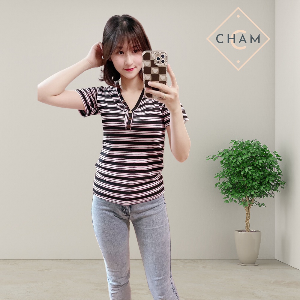 Áo phông nữ mùa hè Cham áo cộc tay cổ tim siêu co dãn kẻ ngang | BigBuy360 - bigbuy360.vn