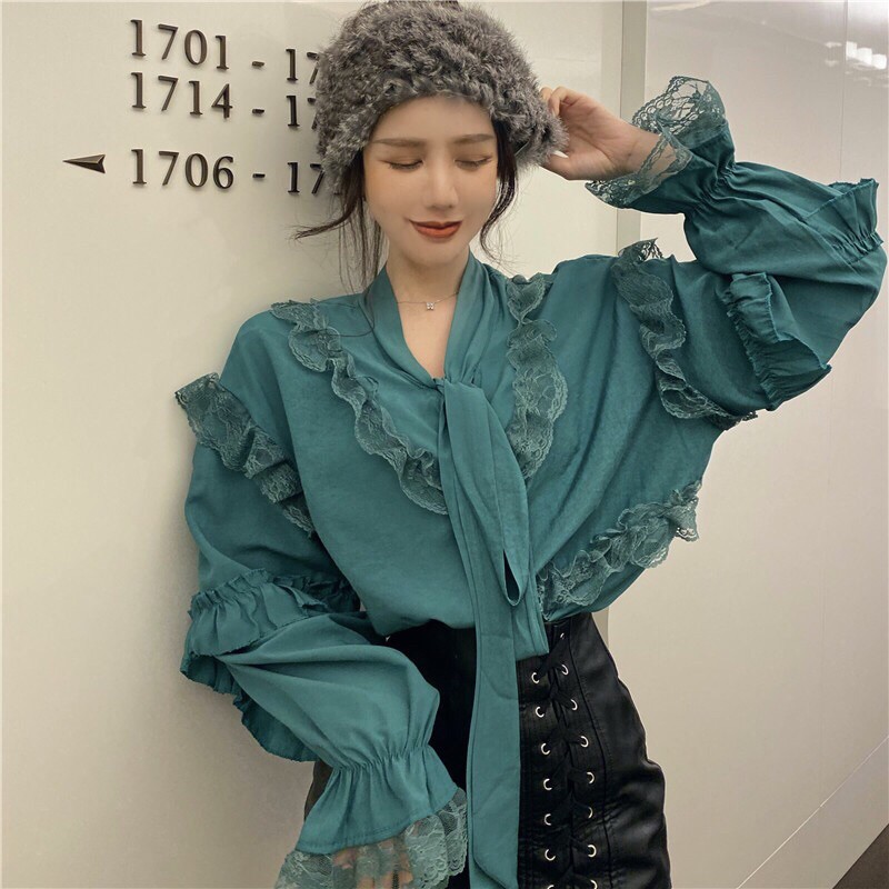 ÁO SƠMI CÔNG SỞ 🎀 CỔ THẮT DÂY NƠ VIỀN REN 🎀🎀 TAY LOE NỮ TÍNH DỄ THƯƠNG PHONG CÁCH HÀN QUỐC
