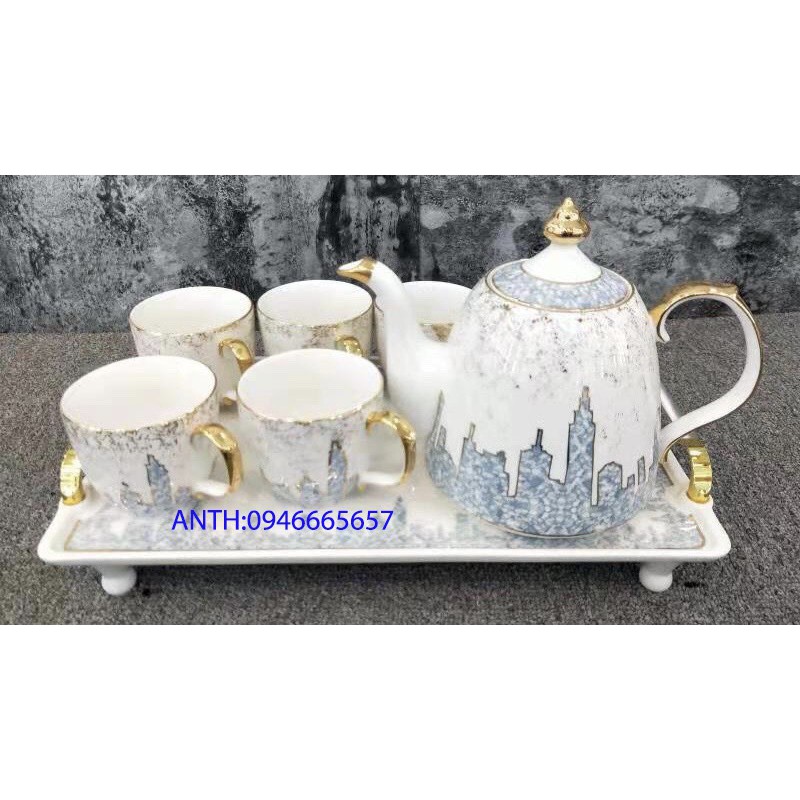 Bộ ấm chén uống trà cà phê kèm khay sứ có chân Trắng họa tiết thành phố màu xanh ngọc
