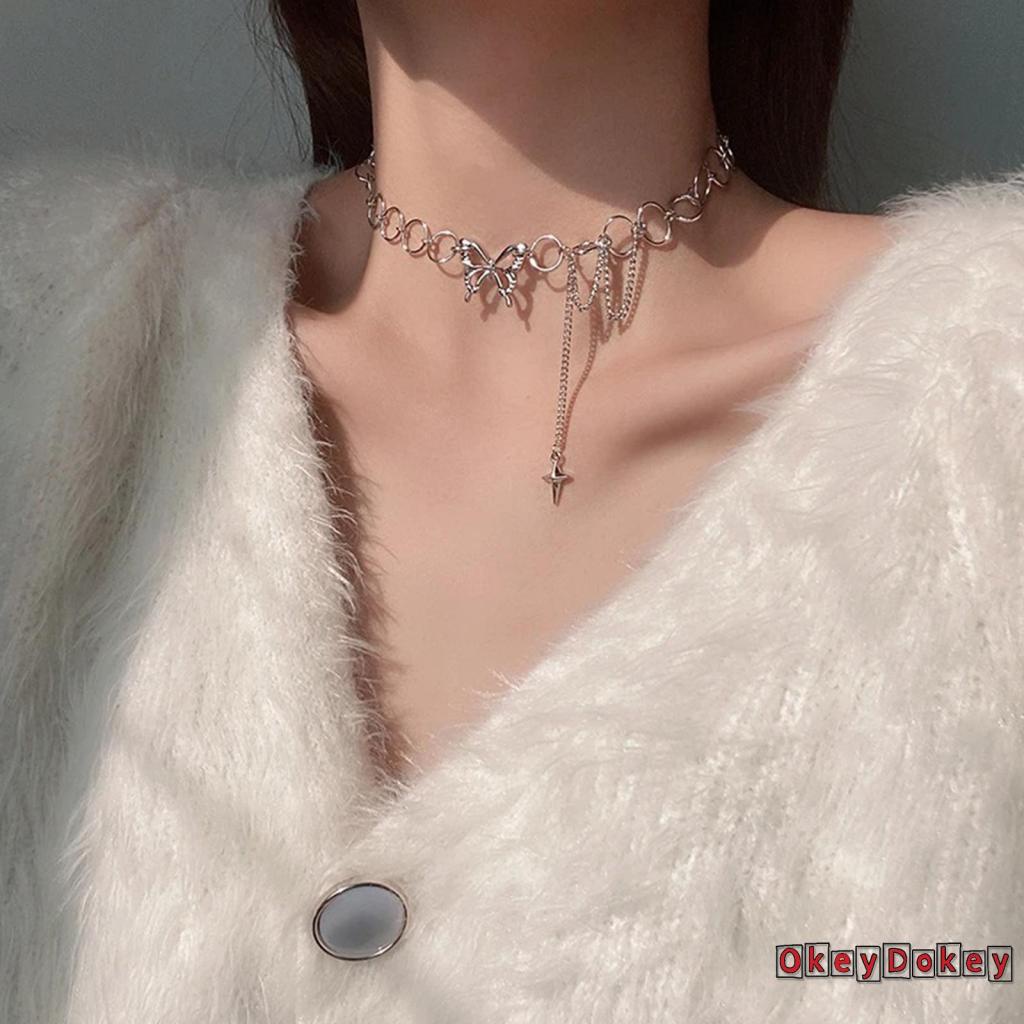OKDK-Women Butterfly Choker Necklace Silver Adjustable Collarbone Chain