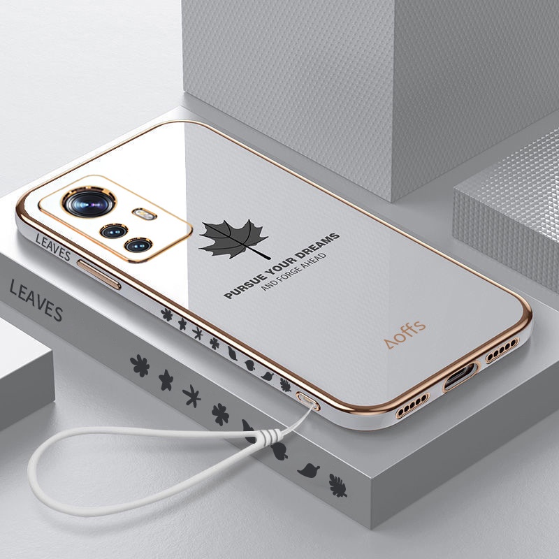 Ốp Điện Thoại Mềm Thẳng Mạ Điện Họa Tiết Lá Phong Có Dây Đeo Cho Xiaomi 11 Lite 5G NE Mi 12 Lite 12x 11T 12T Pro 2022