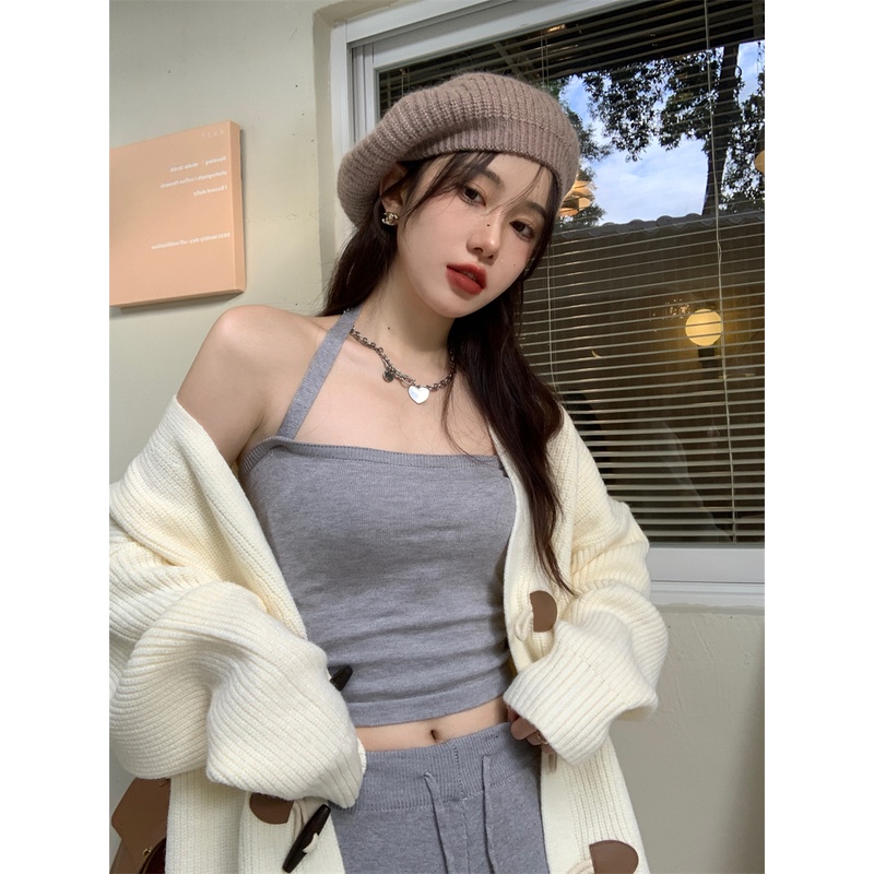 Áo khoác cardigan dệt kim + áo quây xám + quần ống rộng phong cách nhẹ nhàng dành cho nữ
