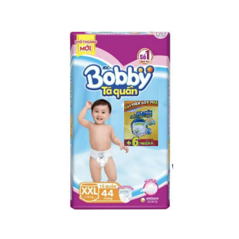 Tã quần Bobby Mega Jumbo M120/L111/XL102/XXL93, Mẫu mới M124/L111+9/XL96/XXL88 Thấm mồ hôi lưng