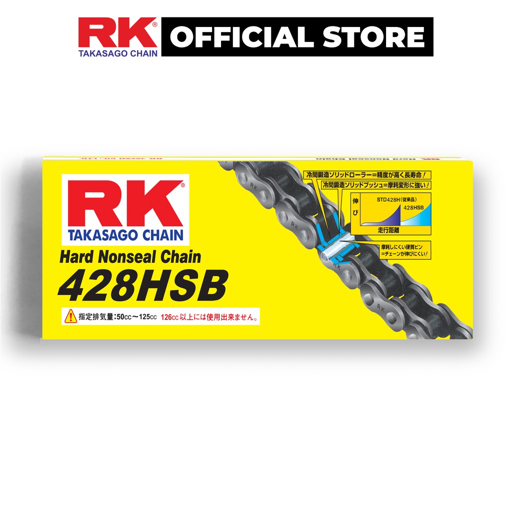 Sên xe máy RK Takasago chain mã BG-428-HSB, màu vàng đen, không phốt cao su, kích thước 10 ly - 428, 124 / 132 mắc sên