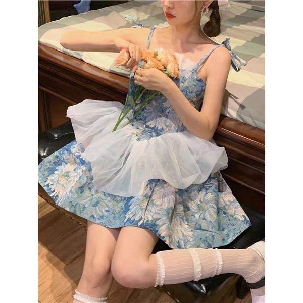 GINA DRESS Đầm xanh hoạ tiết hoa sơn dầu vintage phong cách cổ điển thanh lịch SAM SAM BOUTIQUE