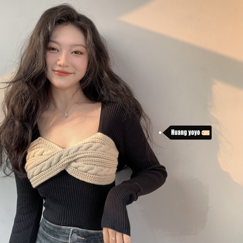 Áo len tay dài cổ vuông màu đen phong cách Hàn Quốc thời trang xinh xắn cho nữ