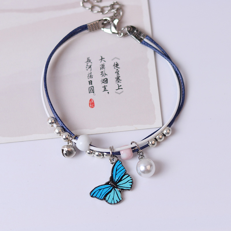 BUTTERFLY CHARMS Vòng Tay Nhiều Sợi Mặt Hình Bướm Đính Ngọc Trai Phong Cách Hàn Quốc