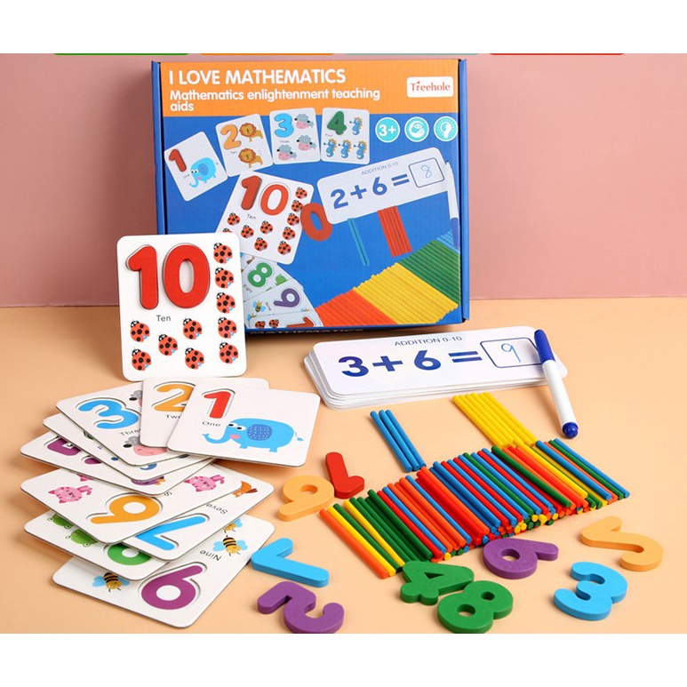 Bộ giáo cụ que tính học toán và thẻ ghép số học phép tính tư duy, giáo cụ Montessori cho bé chơi mà học