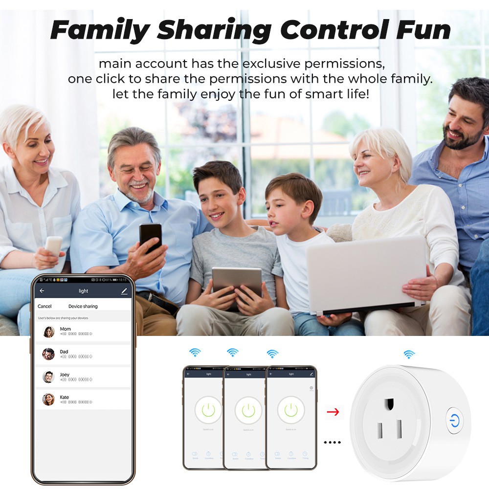 Ổ cắm điện Wifi thông minh phích cắm US 10 có App Smart life hẹn giờ bằng giọng nói Google Home Amazon Alexa SMATRUL