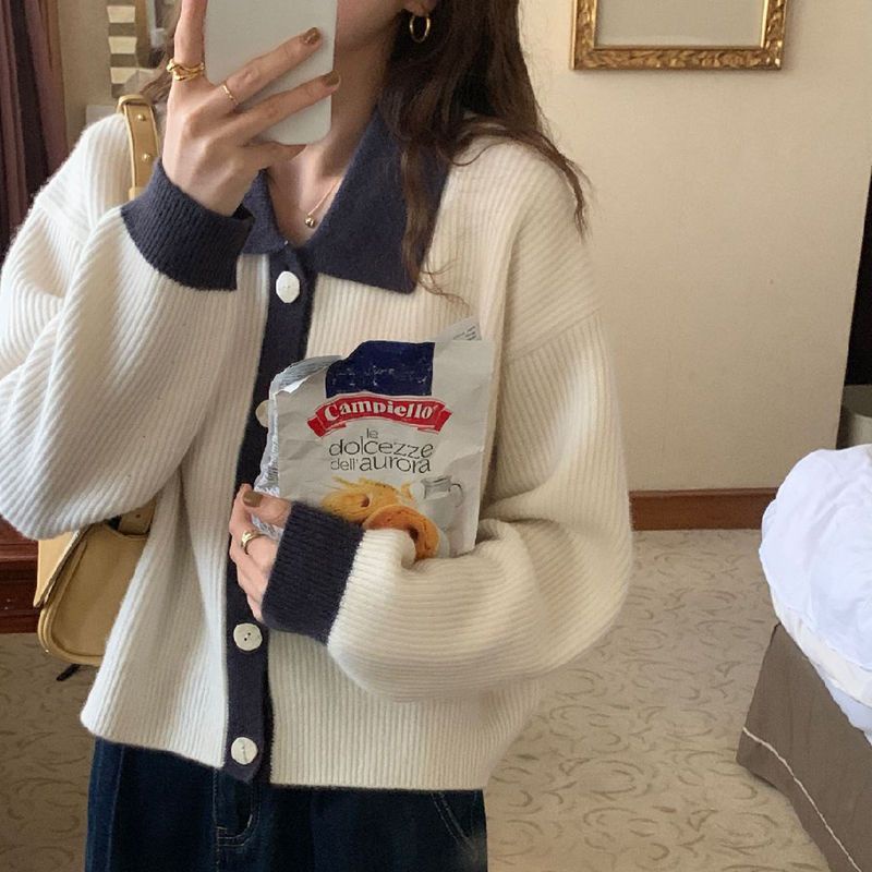 Áo Khoác Cardigan Dệt Kim Dáng Rộng Màu Sắc Tương Phản Phong Cách Retro Dành Cho Nữ