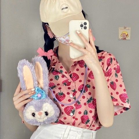 Áo sơ mi nữ tay ngắn họa tiết ngọt ngào dễ phối đồ phong cách Nhật Bản