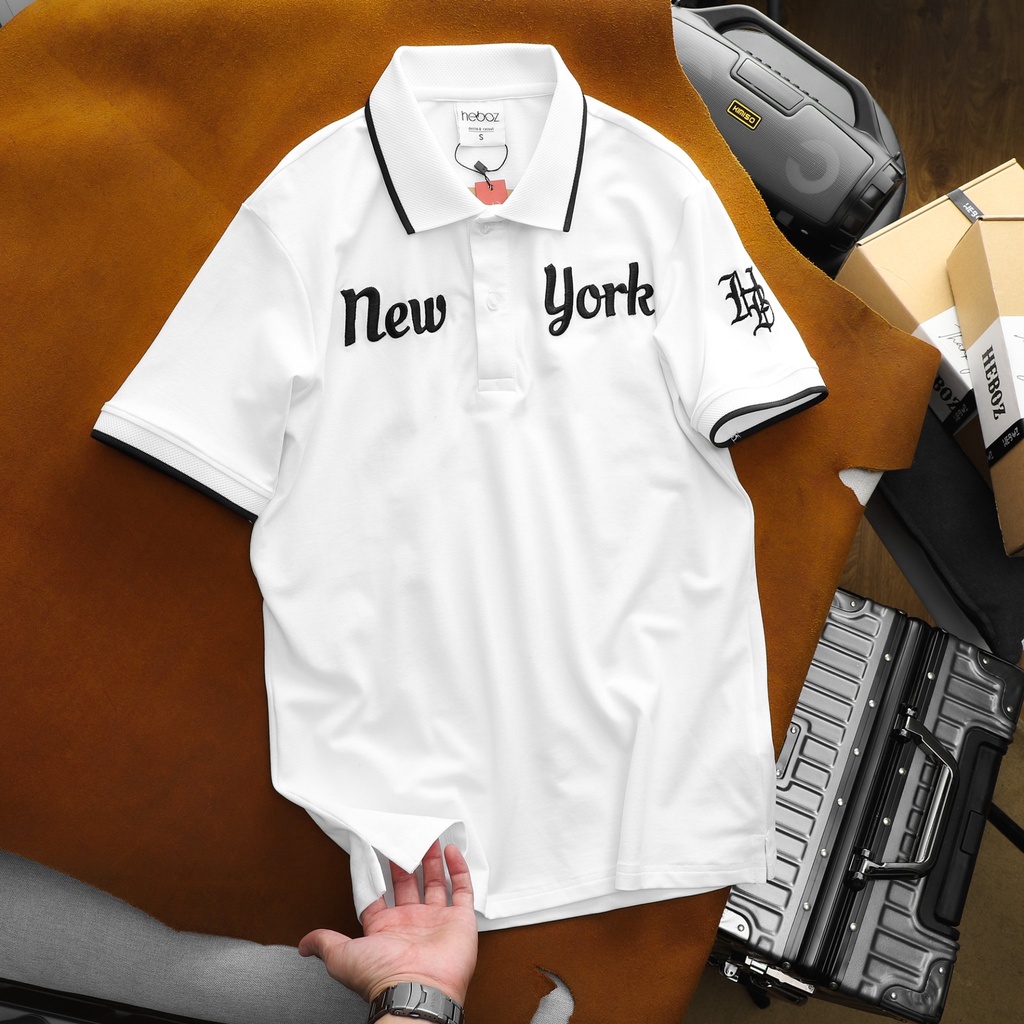 Áo polo nam HEBOZ thêu nổi NY 2 màu, chất cotton 4 chiều co giãn thoải mái, chống nhăn - 00001123