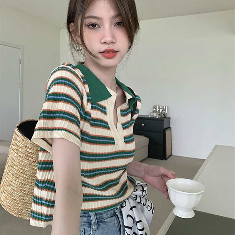 Áo croptop polo ZHELIHANGFEI dệt kim tay ngắn kẻ sọc kiểu vintage dễ thương thời trang