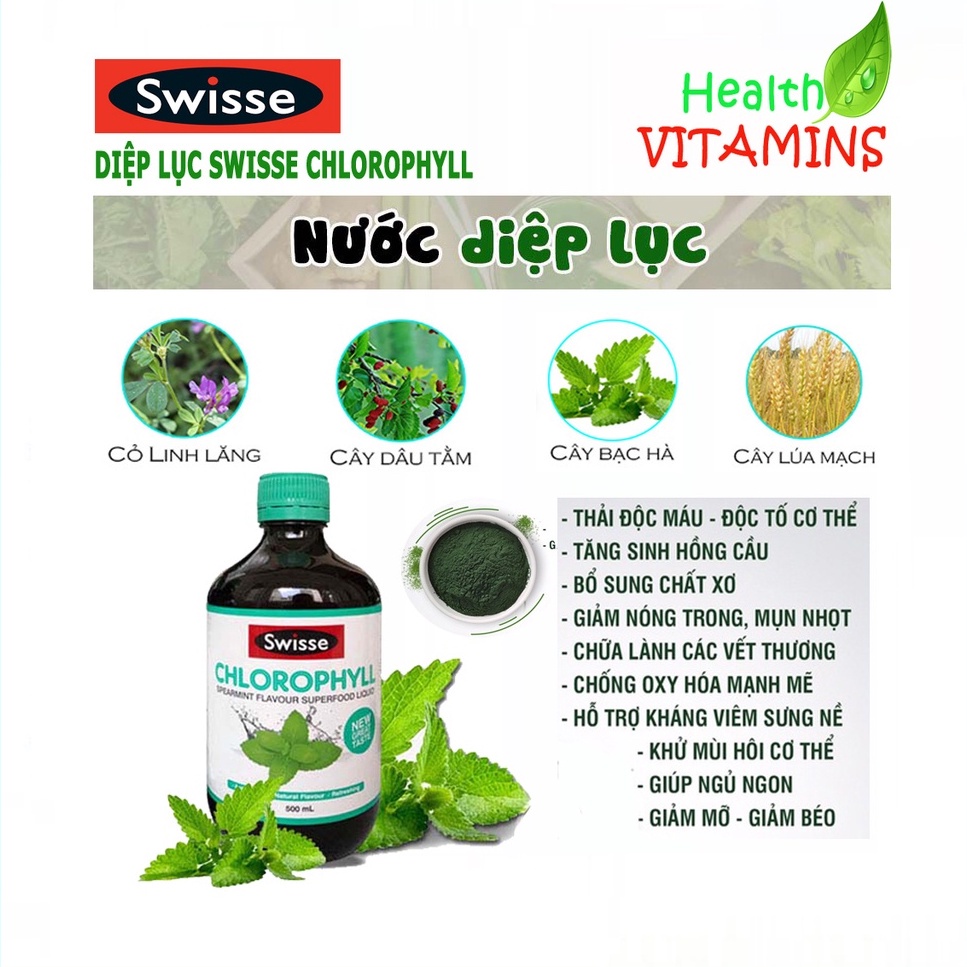 Nước diệp lục hỗ trợ thanh lọc, thải độc cơ thể Swisse Chlorophyll Spearmint Flavour Liquid (500ml) Healthy Care Extaste