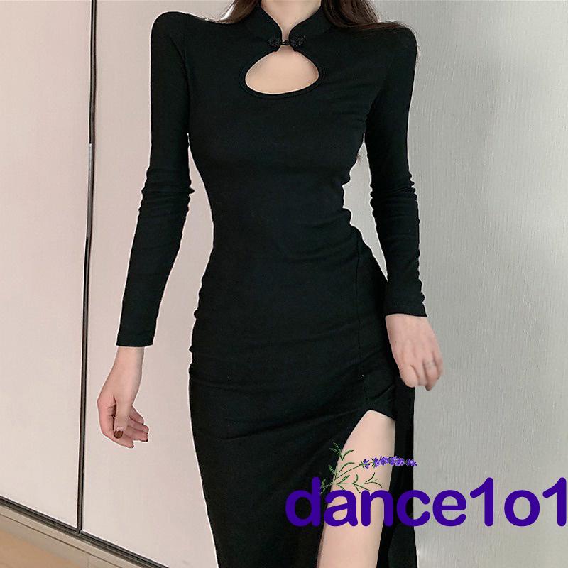 ✩Kt♂Đầm Ôm Cổ Đứng Xẻ Tà Cao Màu Trơn Cho Nữ